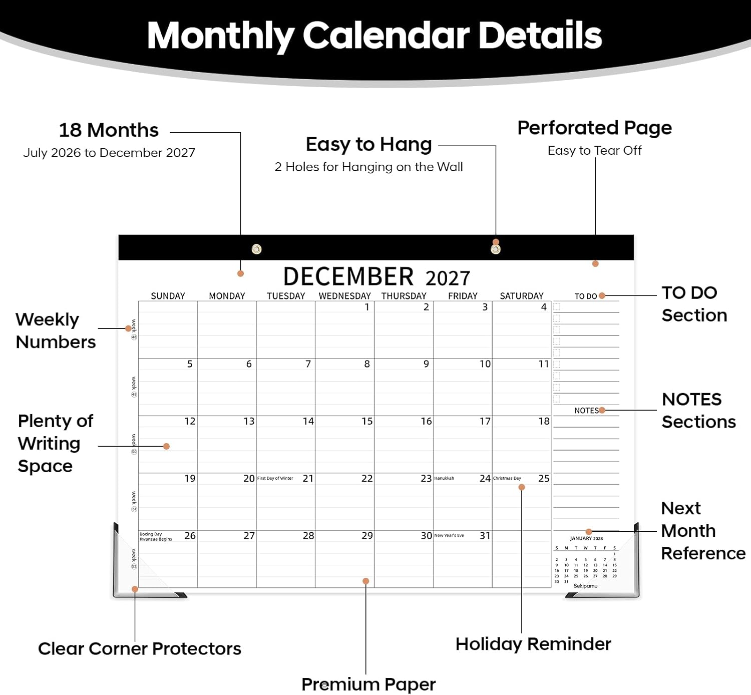 Desk Calendar 2026-2027, 17" x 12" Large Desk Calendar July 2026 to December 2027, 18 Months Calendar for Home Office
