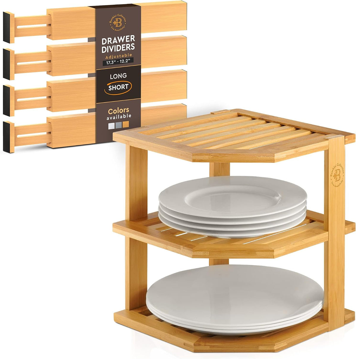 Bambüsi Bamboo Corner Kitchen Shelf and Adjustable Bamboo Drawer Dividers Org...