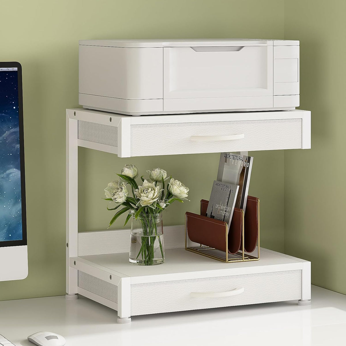 VENNQD 2-Tier Desktop Printer Stand with 2 Fabric Drawers, Prtiner Table with...