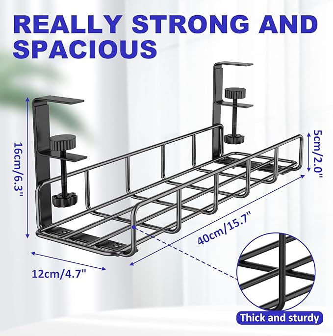 15.7” Under Desk Cable Management Tray, No Drill Steel Cable Tray Organizers - Image 5