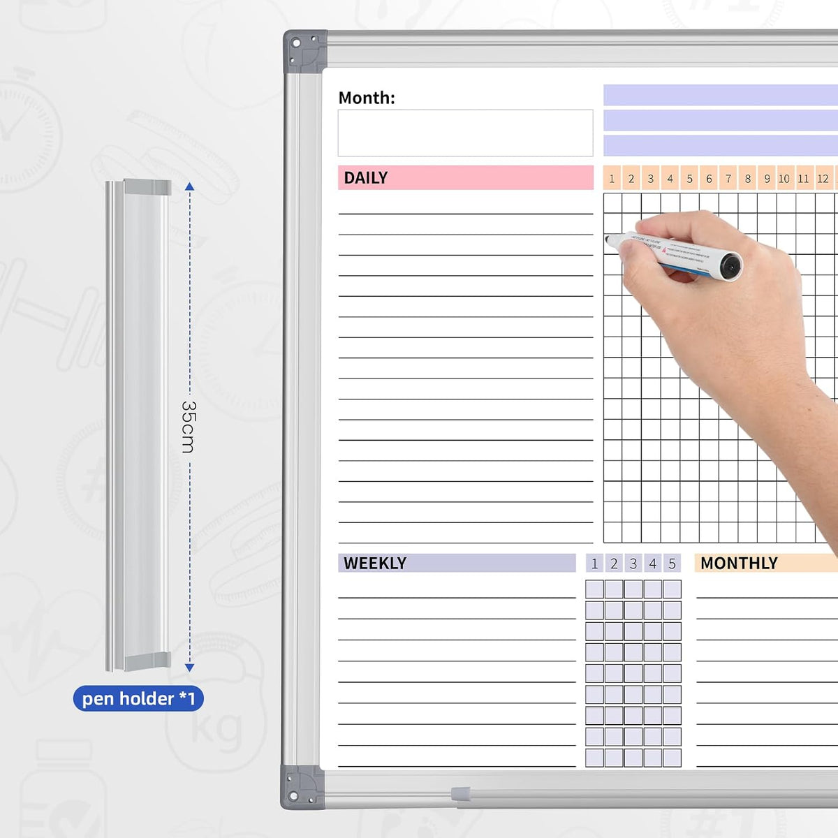 Habit Tracker Dry Erase Whiteboard with Silver Aluminium Frame for Wall 24&qu...