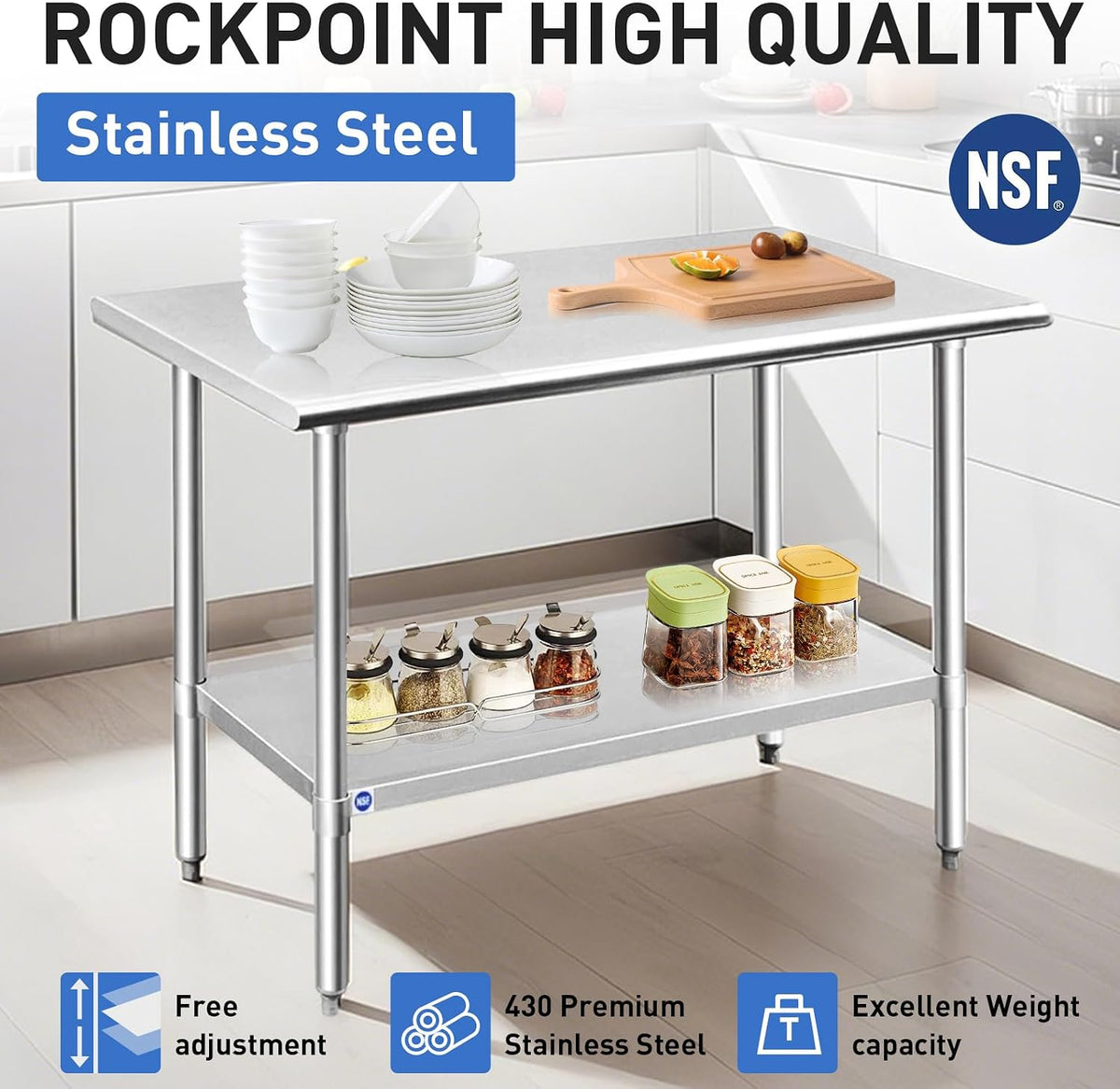 ROCKPOINT Stainless Steel Table for Prep & Work 24x48 Inches, NSF Metal C...