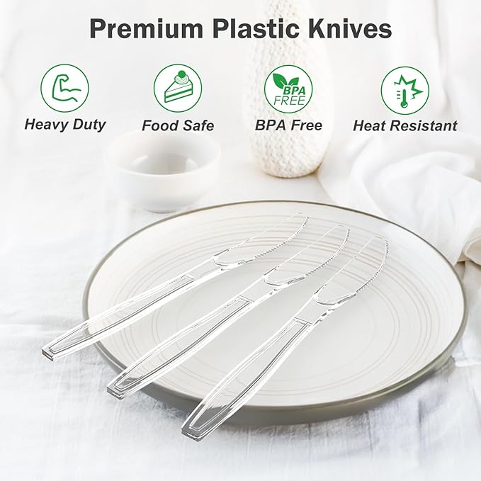 Dealusy 300 Count Extra Heavy Duty Clear Plastic Knives Disposable, Heat - Image 3