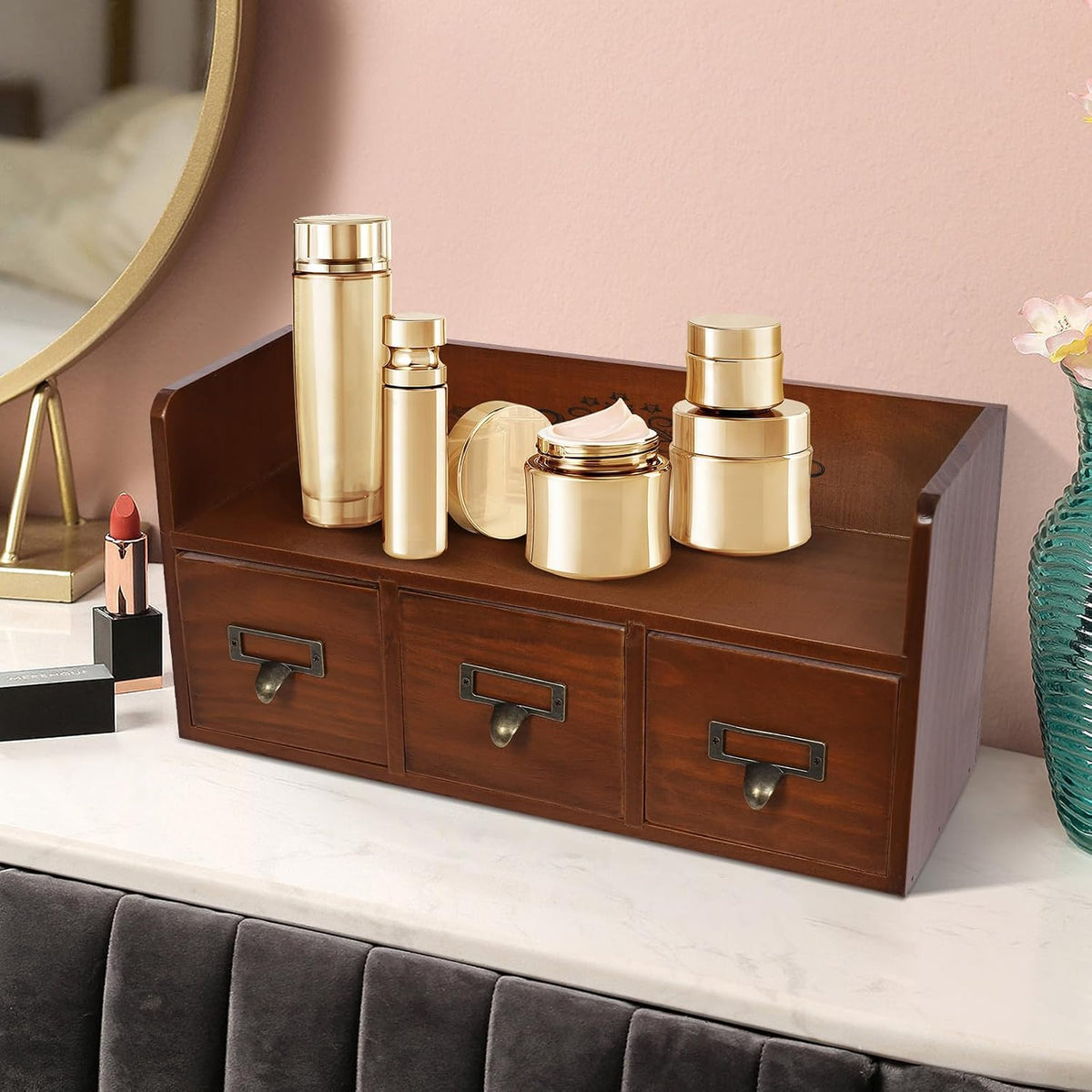 Desk Organizer with 3 Drawers, Wooden Apothecary Cabinet Desktop Storage Shel...