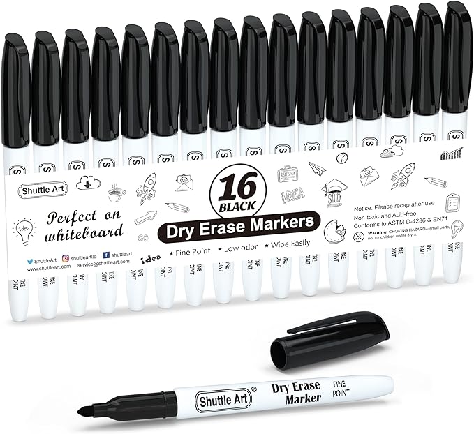 Shuttle Art Dry Erase Markers, 16 Pack Black Whiteboard Markers, Fine Tip Dry by ShuttleArt