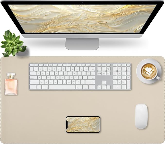 Beige Desk Mat with Stitched Edges, 31.5"×15.7" Keyboard Pad, Non-Slip Desk by Bloss