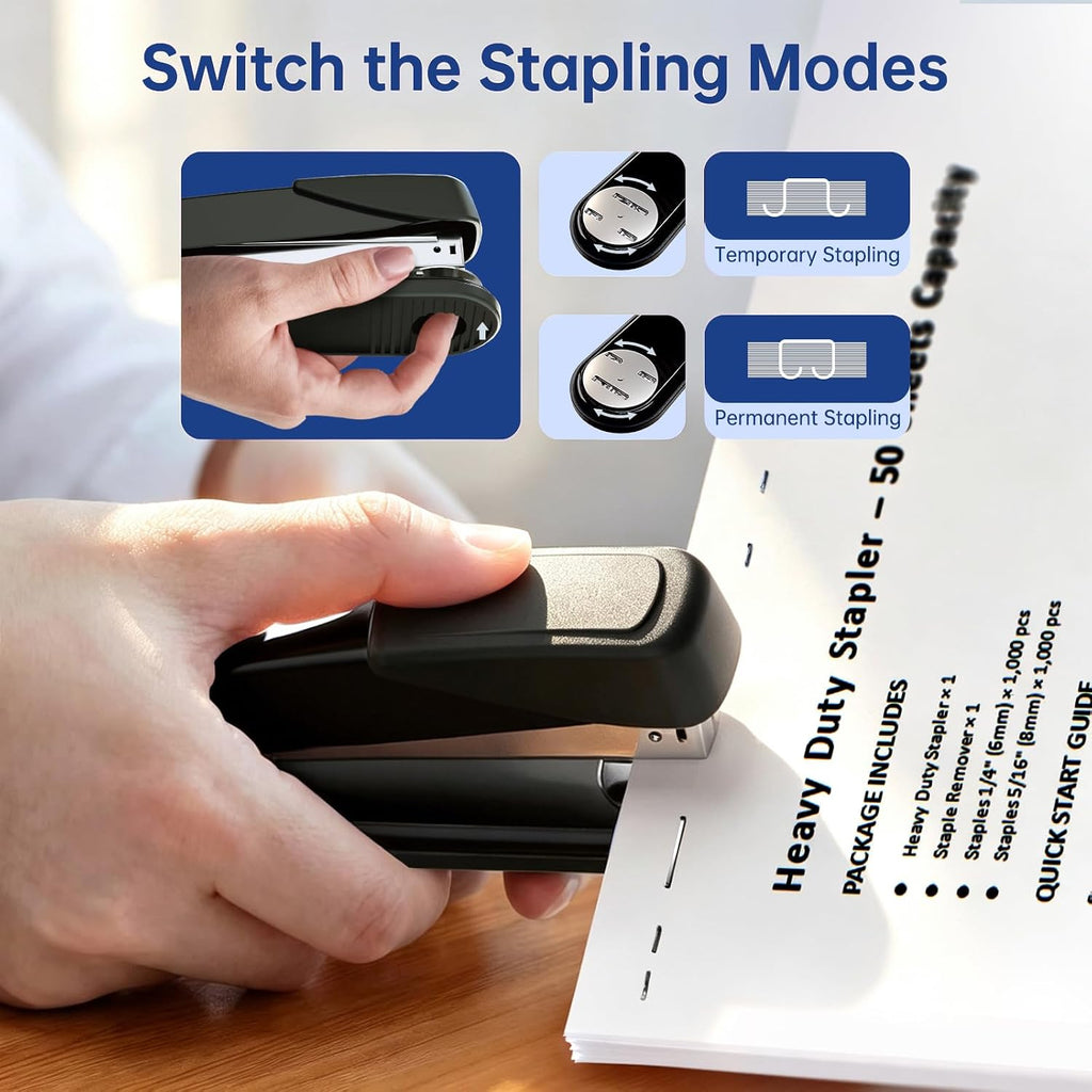 Metal Stapler Heavy Duty - 50 Sheet Capacity with 2000 Pieces 1/4", 5/16" Staples and Staple Remover, No Jam, Non-Slip, Stapler Heavy Duty for Desk, Classroom and Office, Black
