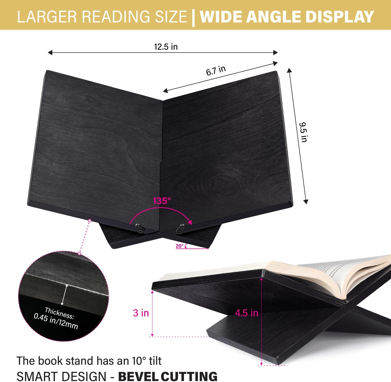 Solid Wood Book Stand for Reading and Display, Foldable Book Holder for Cookbooks, Art Books, Bibles, Magazines – Open Book Stand for Kitchen, The Front Stopper Helps Prevent Books from Sliding.
