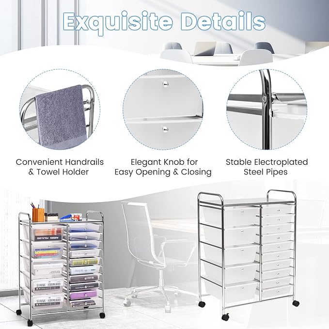 COSTWAY 15 Drawer Rolling Storage Cart, Utility Tools Paper Organizer on Wheels - Image 5