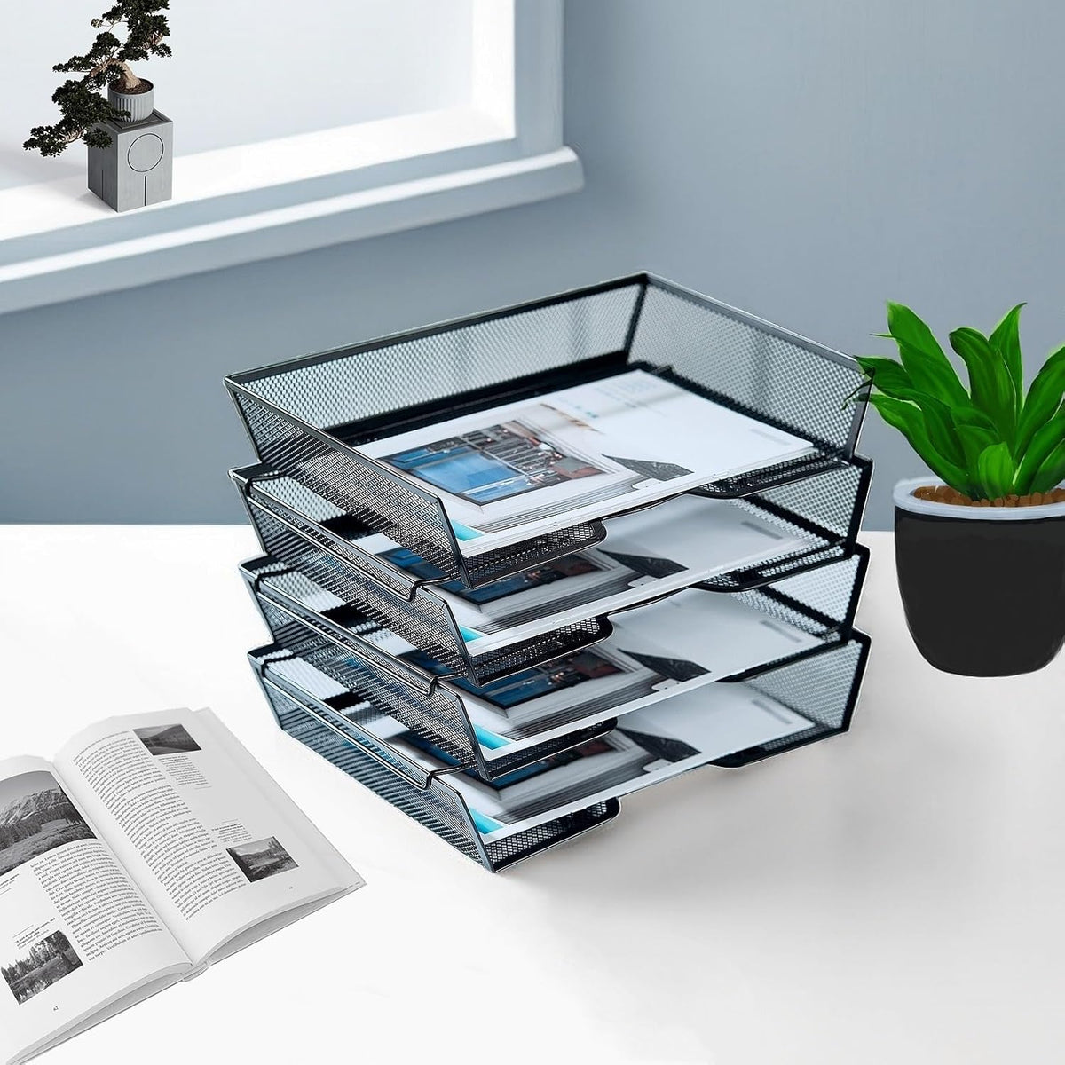SETTFRFE 4 Tier Metal Letter Tray Desk Organizer-Stackable Paper Tray,Black