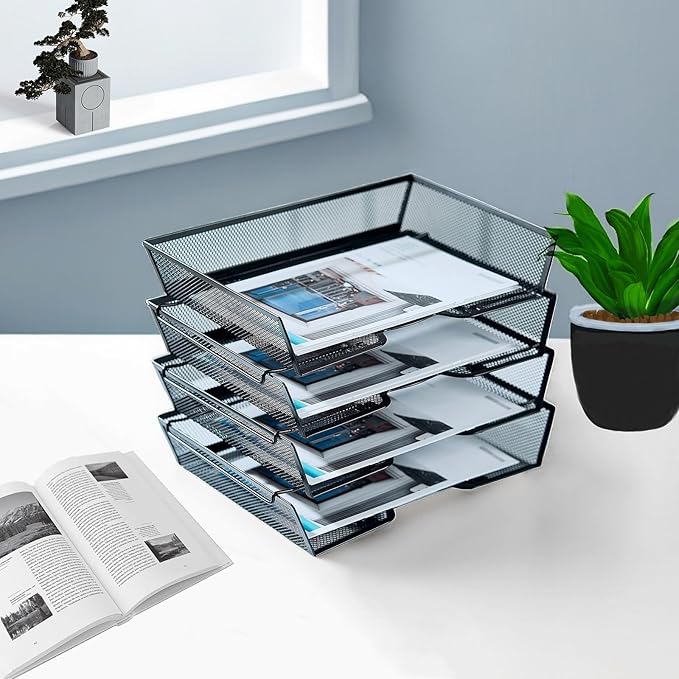SETTFRFE 4 Tier Metal Mesh Desk Organizer-Stackable Letter Trays - Image 3