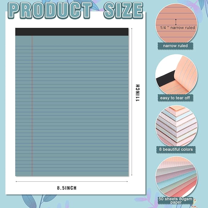 Fuutreo 8 Pcs 8.5'' x 11'' Colored Legal Pad Writing Pads Narrow Ruled 50 - Image 2