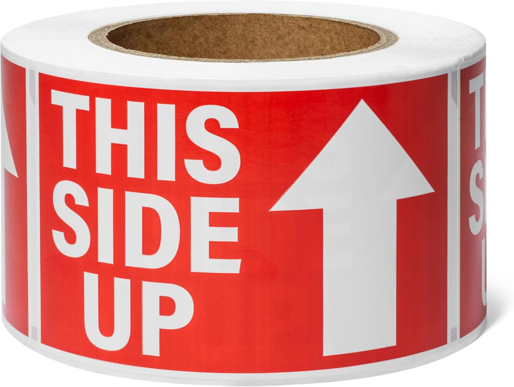 Sutter Signs This Side Up Stickers for Shipping (1500 Labels) 3x5 | Bright Red Adhesive Handle With Care Shipping Handling Labels (Pack of 3 Rolls)