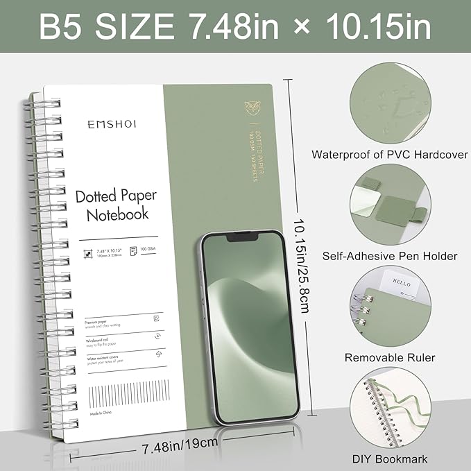 EMSHOI Spiral Notebook B5 Bullet Dotted journal, Dotted Grid Notebook - Image 2