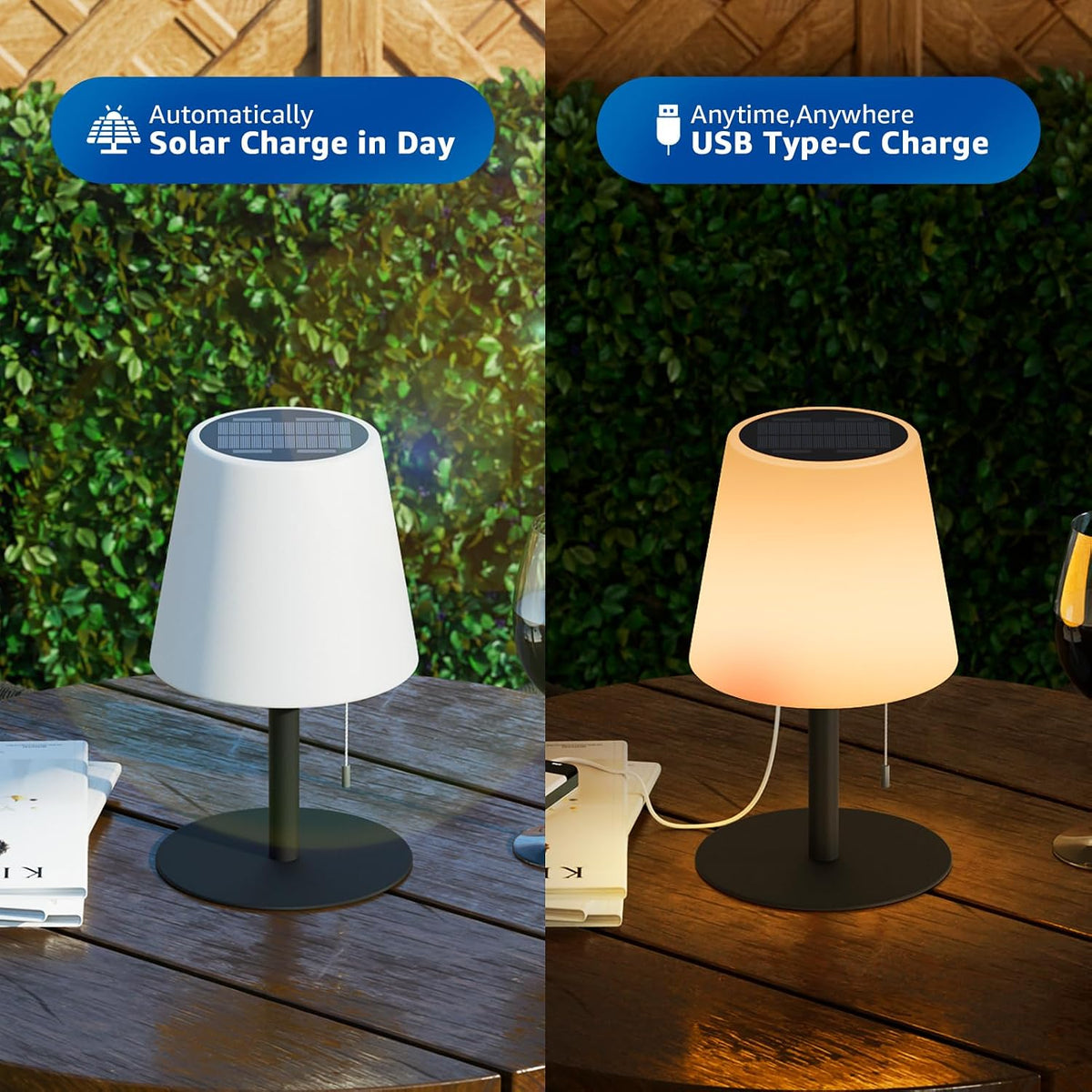 Solar Table Lamp Outdoor, Rechargeable Cordless Patio Lamp with RGB Light