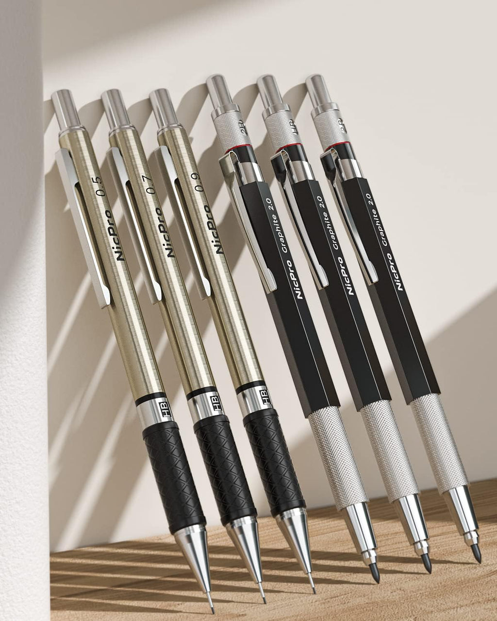 nicpro 30pcs art mechanical pencil set in leather on a desk or shelf