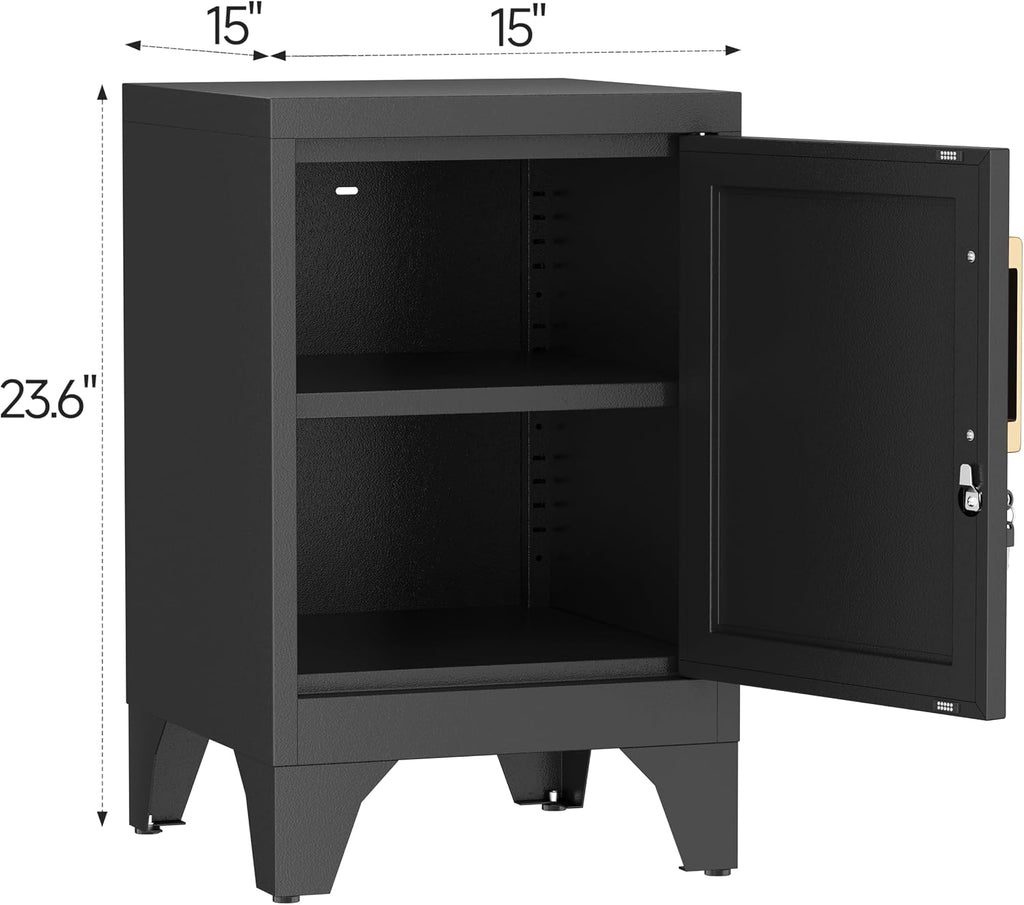 23.6" H Black Metal NightStand Locker Storage Cabinet with 1 Doors, Small Lockable Night Stand with Lock and 1 Adjustable Shelve for Bedroom Living Room Home Office