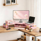 leketree dual monitor stand riser with drawer and shown in use