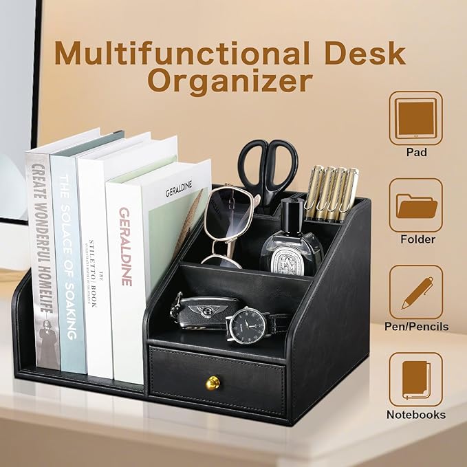 KINGFOM PU Leather Desk Organizer, Pen Pencil Holder/Book Mail Organizer Holder - Image 3