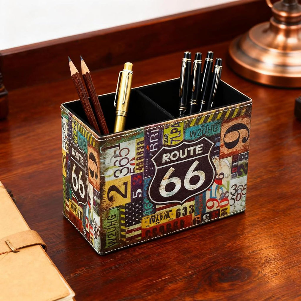 Pen Holder, Rectangle Vintage Pencil Holder with 2 Compartments, PU Leather Art Remote Control Holder Organizer Storage for Desk Accessory (66 Route)