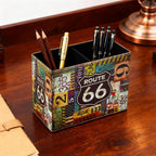 Pen Holder, Rectangle Vintage Pencil Holder with 2 Compartments, PU Leather Art Remote Control Holder Organizer Storage for Desk Accessory (66 Route)