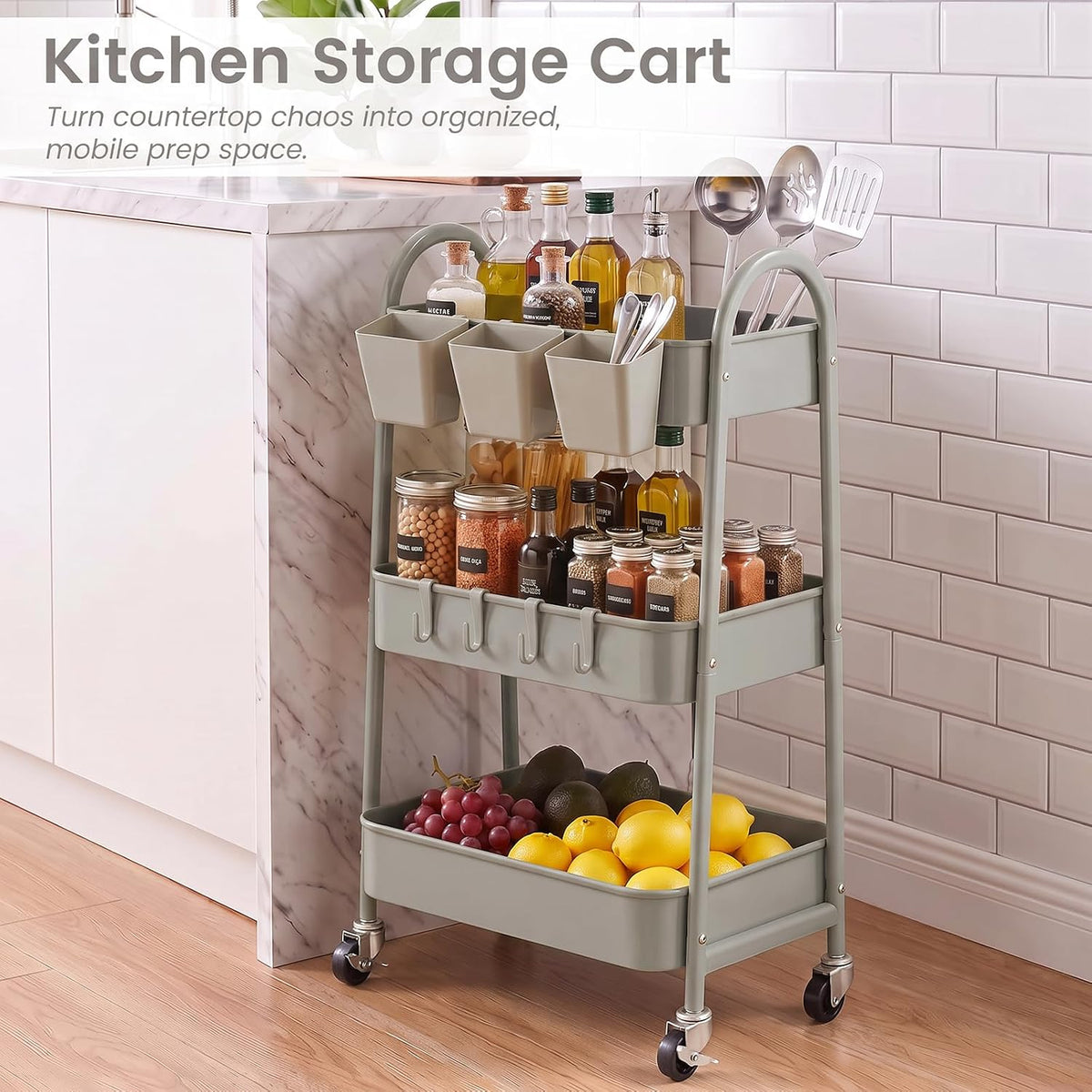 danpinera 3-Tier Rolling Cart, Metal Rolling Storage Cart with Wheels