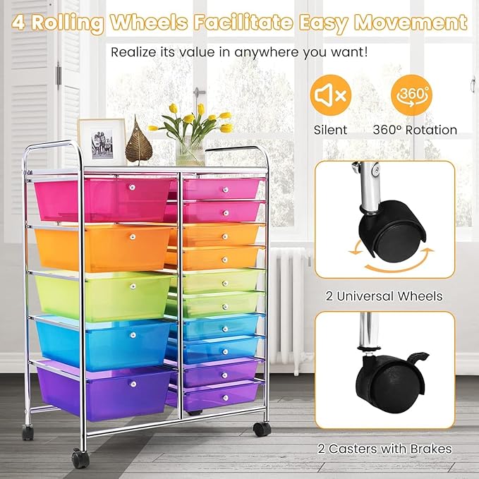 LDAILY 15 Drawer Rolling Storage Cart, Rolling Cart - Image 6