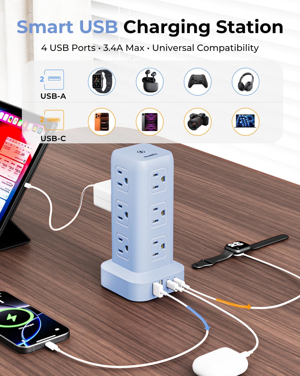 Blue Power Strip with 12 Outlets 4 USB (1 USB C), 6.5Feet Extension Cord with...