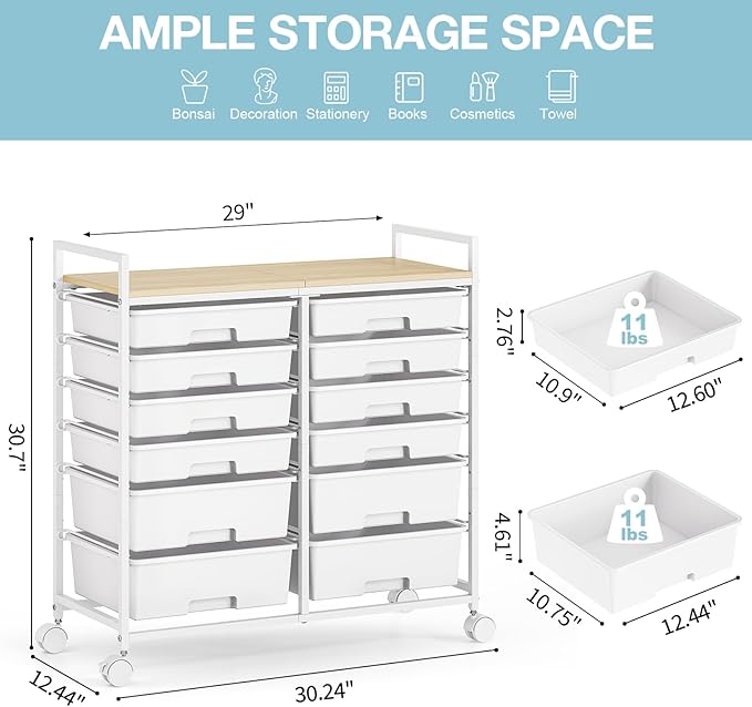 Rolling Storage Cart with 12 Drawers, Wooden Tabletop Utility Cart - Image 3