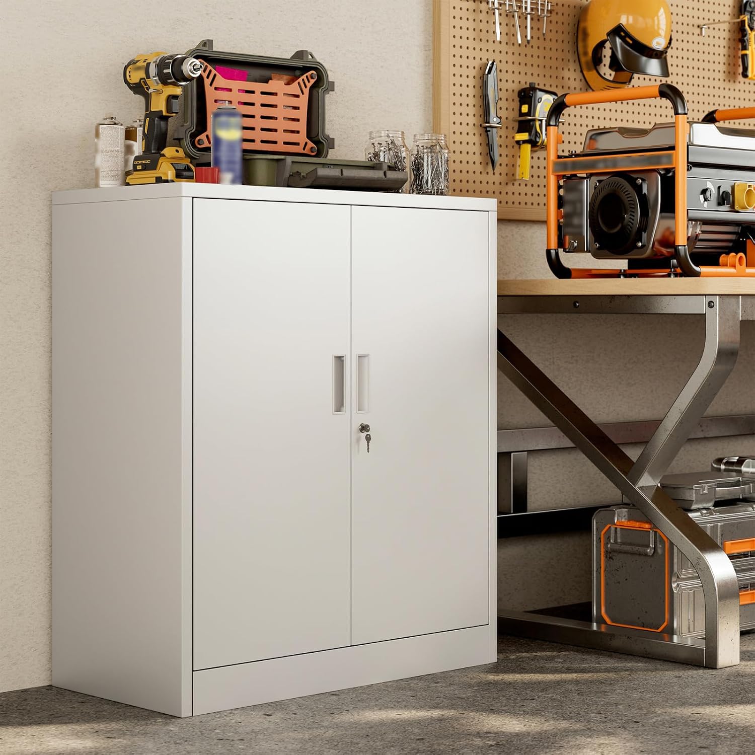 BESFUR Metal Storage Cabinet, Garage Storage Cabinet with 2 Adjustable Shelves, Locking Short Storage Cabinet for Office Garage Home, White Metal Cabinets (36" H x 31.5" W x 16" D)