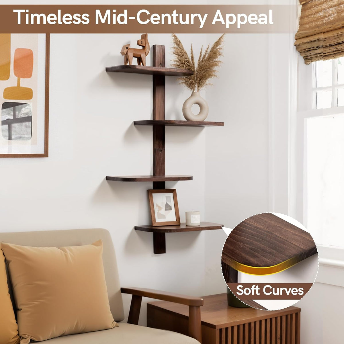 Afuly Walnut Floating Shelves for Wall, Mid Century Modern Decor Shelf Unit