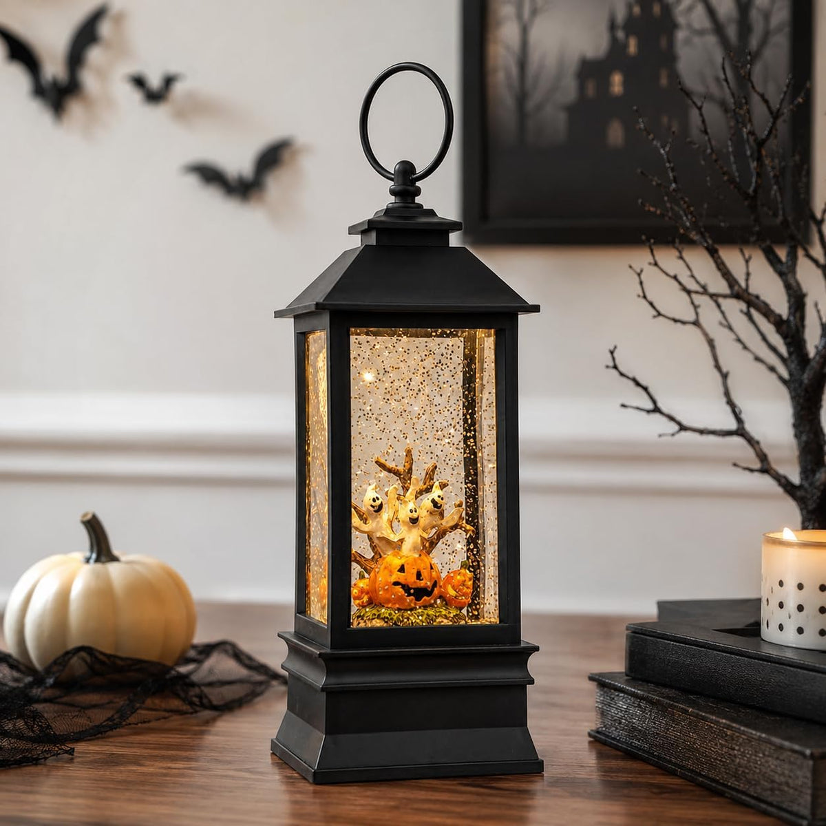 Halloween Snow Globe Lantern Water Glittering Spooky Ghosts in Pumpkins with ...