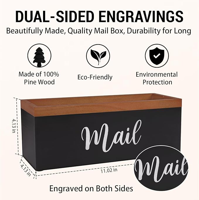 100% Real Wood Mail Organizer for Countertop, Dual-Sided Mail Script Design - Image 3