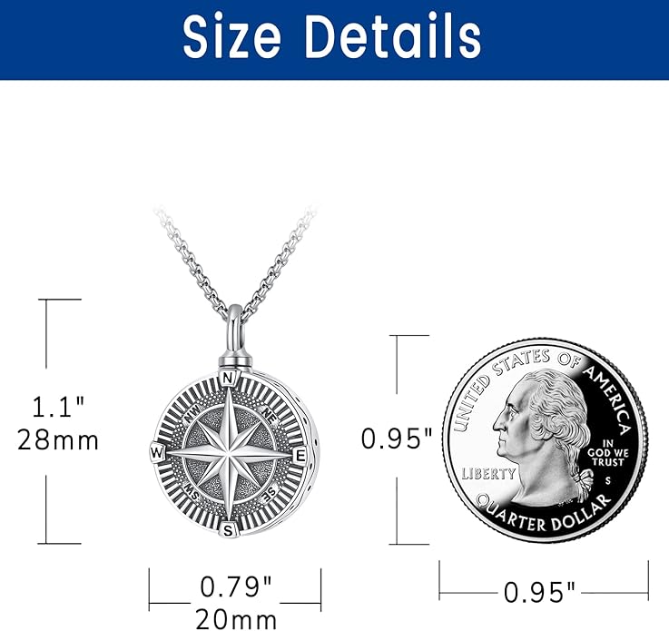 Compass Necklace for Women Men 925 Sterling Silver Pendant Urn Necklaces for - Image 2