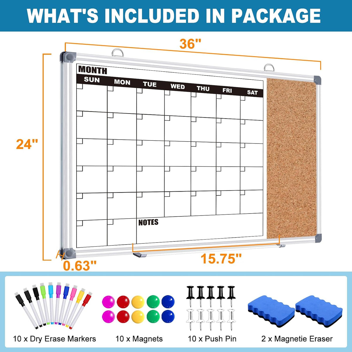 Calendar Whiteboard for Wall, 36" x 24" Double Sided Monthly Dry Er...