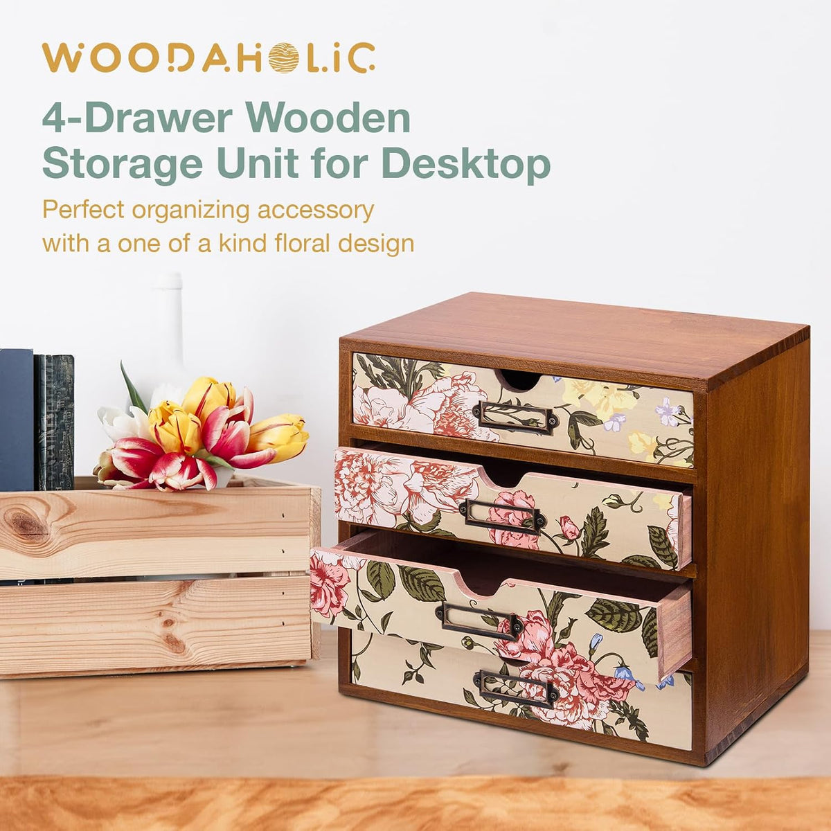 4-Drawer Vintage Desk Organizer with Jacobean Pattern Pastel Flowers Curio Dr...