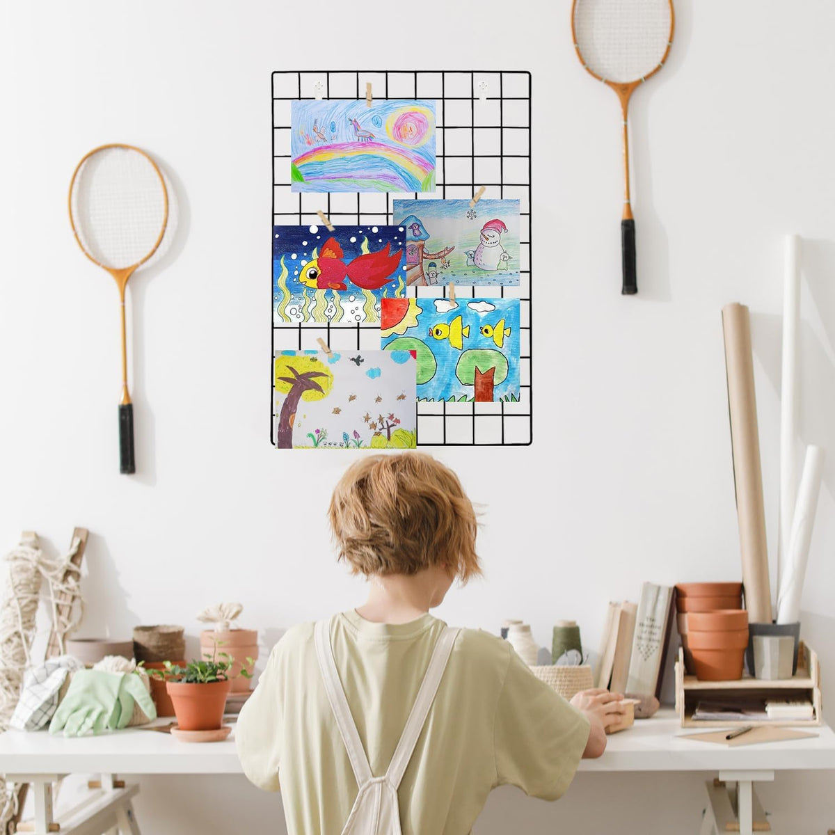 2 Pack Large Wall Grid Panels with Light and Clips, Photo Display Board, Pict...