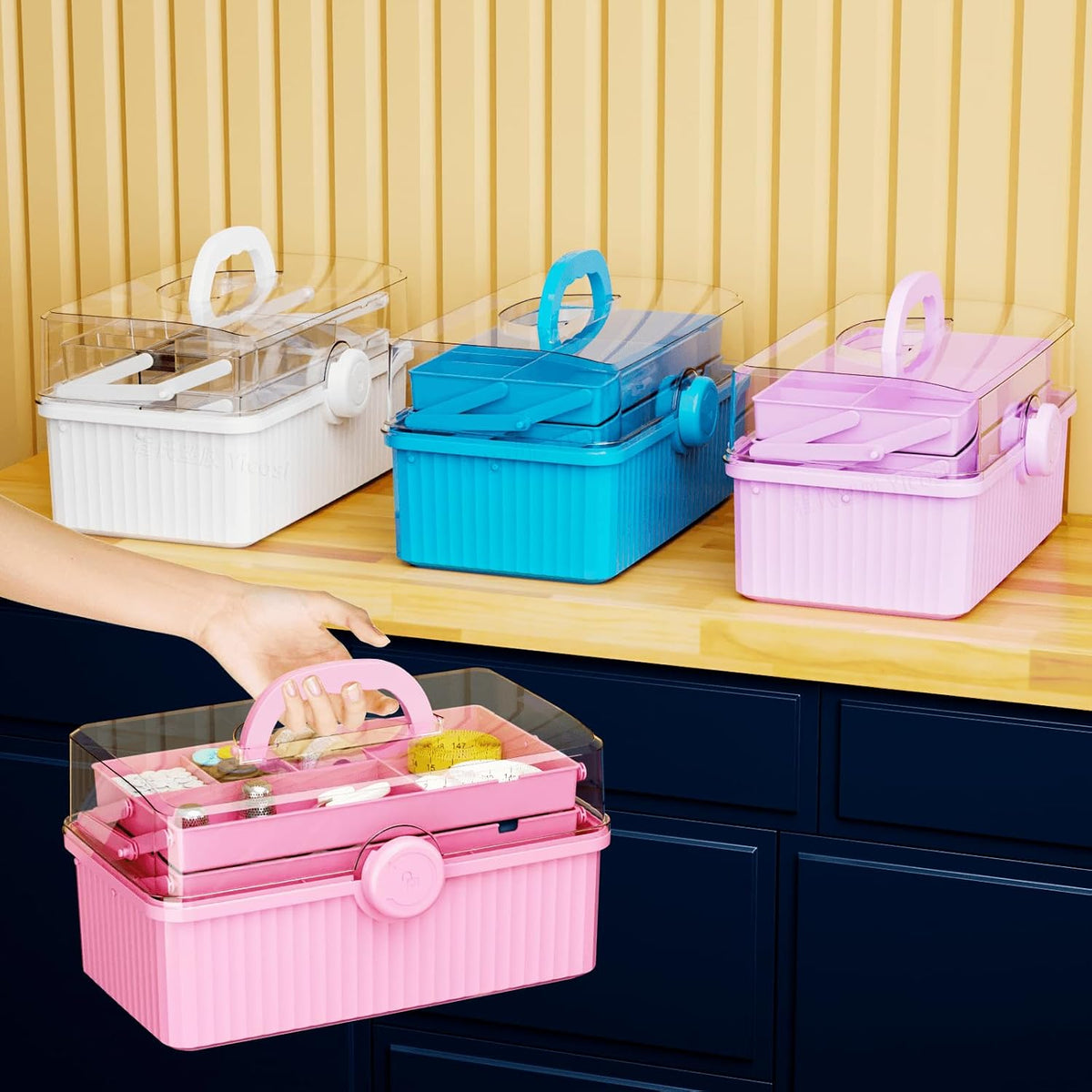 yieach plastic sewing box organizer with handle- portable showing dimensions