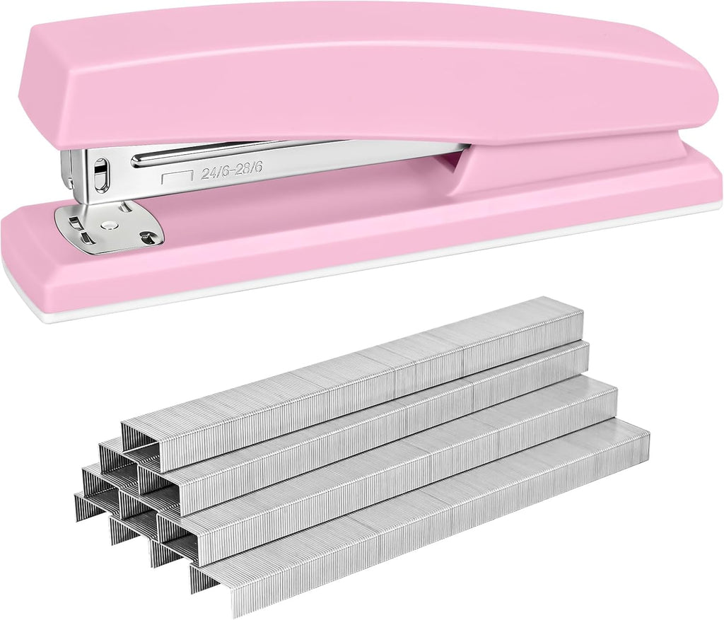Stapler with 5000 Staples - 25 Sheet Capacity, Staplers for Desk, Pink | Non-Slip Office Stapler for classroom, home, School