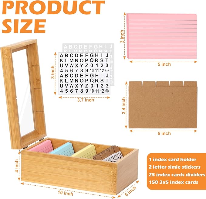3x5 Index Card Holder with Dividers Bamboo Index Card Organizer Index Card - Image 2