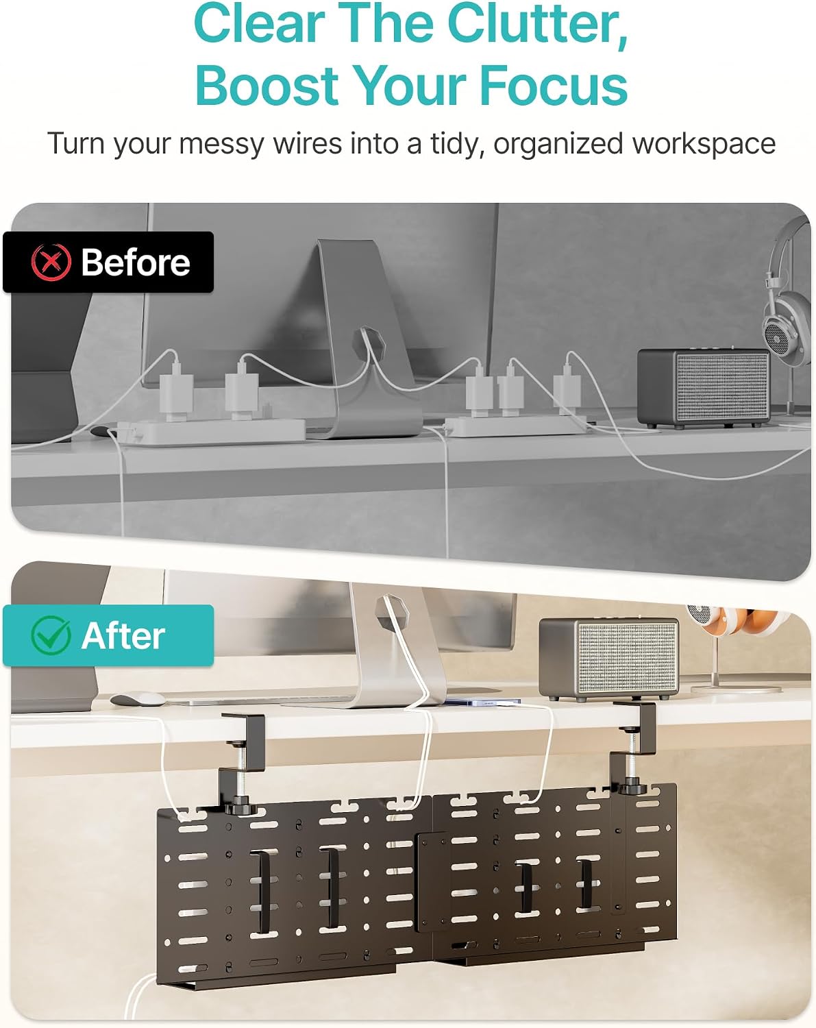 PEGZONE Under Desk Cable Management Tray, 30.2" No-Drill C-Clamp Pegboard