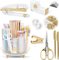 SKYDUE Gold Office Supplies Set with Pencil Holder for Desk | Gold Desk Accessories with Gel Pen, Stapler, Tape Dispenser, Scissors,Clips and 1000pcs Staples, Office Decor for Women