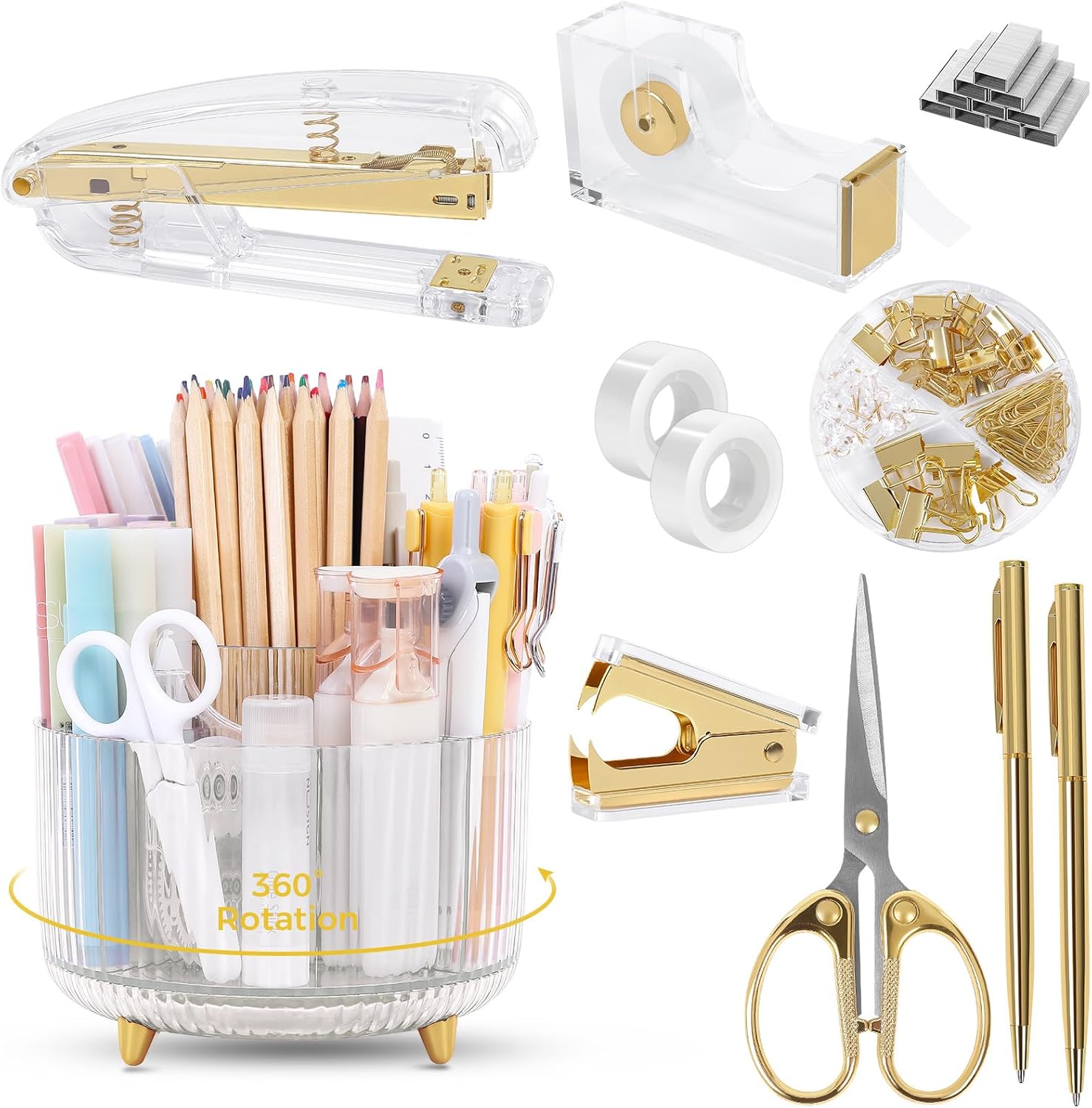 SKYDUE Gold Office Supplies Set with Pencil Holder for Desk | Gold Desk Accessories with Gel Pen, Stapler, Tape Dispenser, Scissors,Clips and 1000pcs Staples, Office Decor for Women