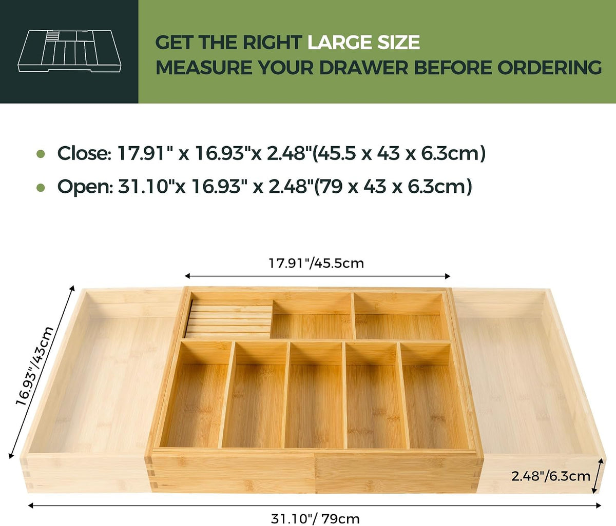 VaeFae Extra Large Kitchen Utensil Holder, Bamboo Silverware Drawer Organizer...