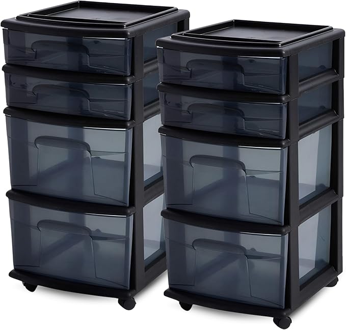 HOMZ 2-Pack Drawer Tower, 4-Tier Clear Plastic Storage Organizer Cart, and by Homz