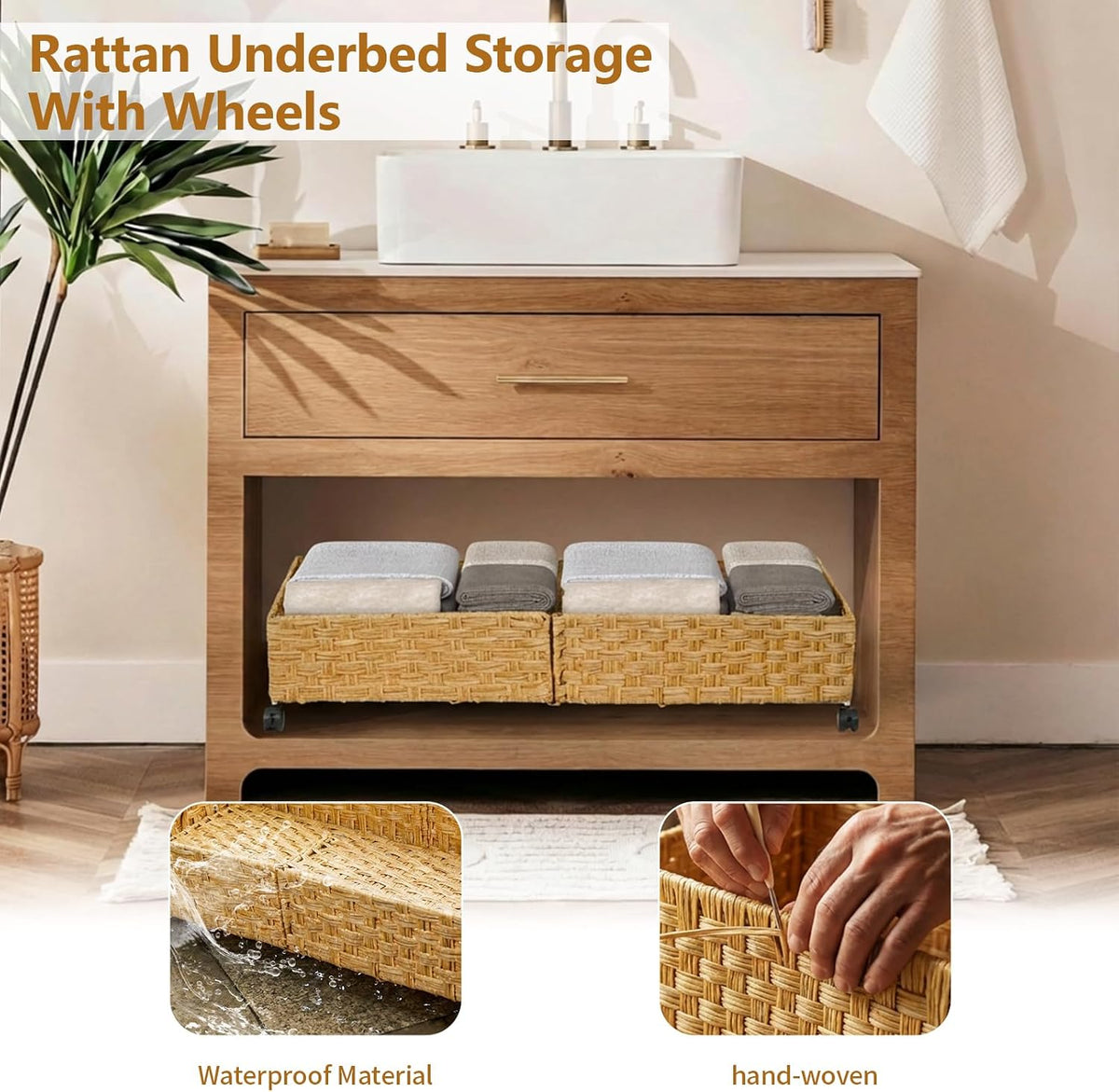 Under Bed Storage Containers with Wheels, 31.5” Large Handwoven Rattan Rollin...