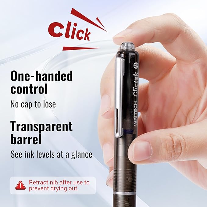 WRITECH Clictek Fountain Pen Retractable: Medium Nib Blue Ink Transparent - Image 3