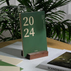 UNIQOOO 3.5" Walnut Wood Stand for Monthly Desk Calendar, Wooden Block Base, Cardstock Holder, For Office Home Retail Reception Decor, Photo Display, 2 Pack