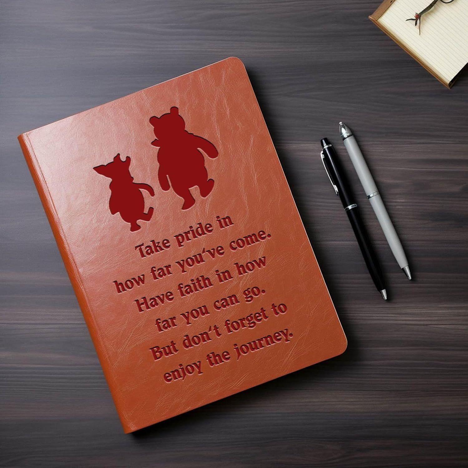 JOHSBYD Pooh Bear Leather Notebook, Friendship Gift for Women & Men | Inspirational Journal with 200 Lined Pages, Birthday Gifts for Son or Daughter Back to School College Supplies (take pride)
