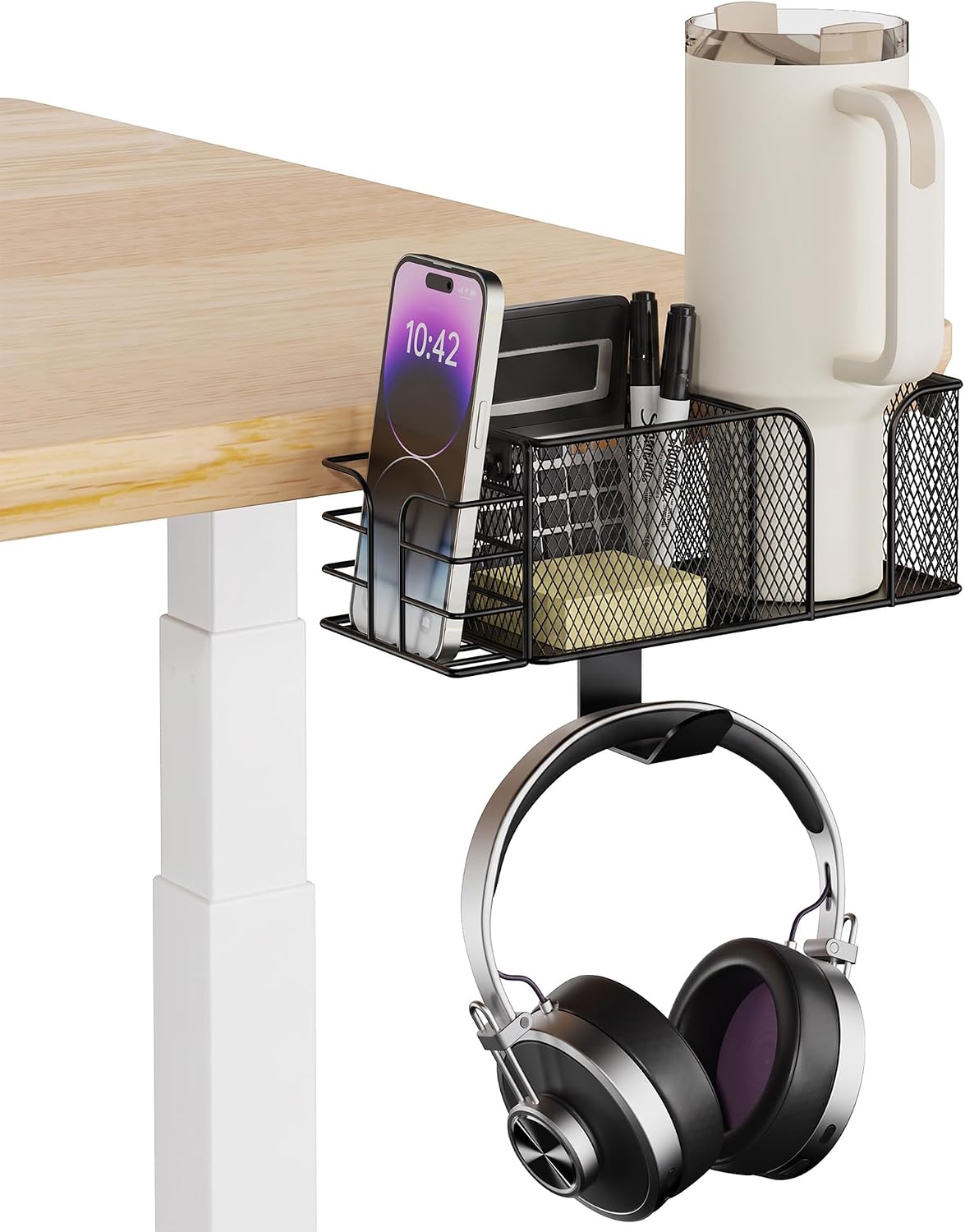 4-in-1 Clamp on Desk Cup Holder, Dual Compartment Mesh Organizer with Detacha...
